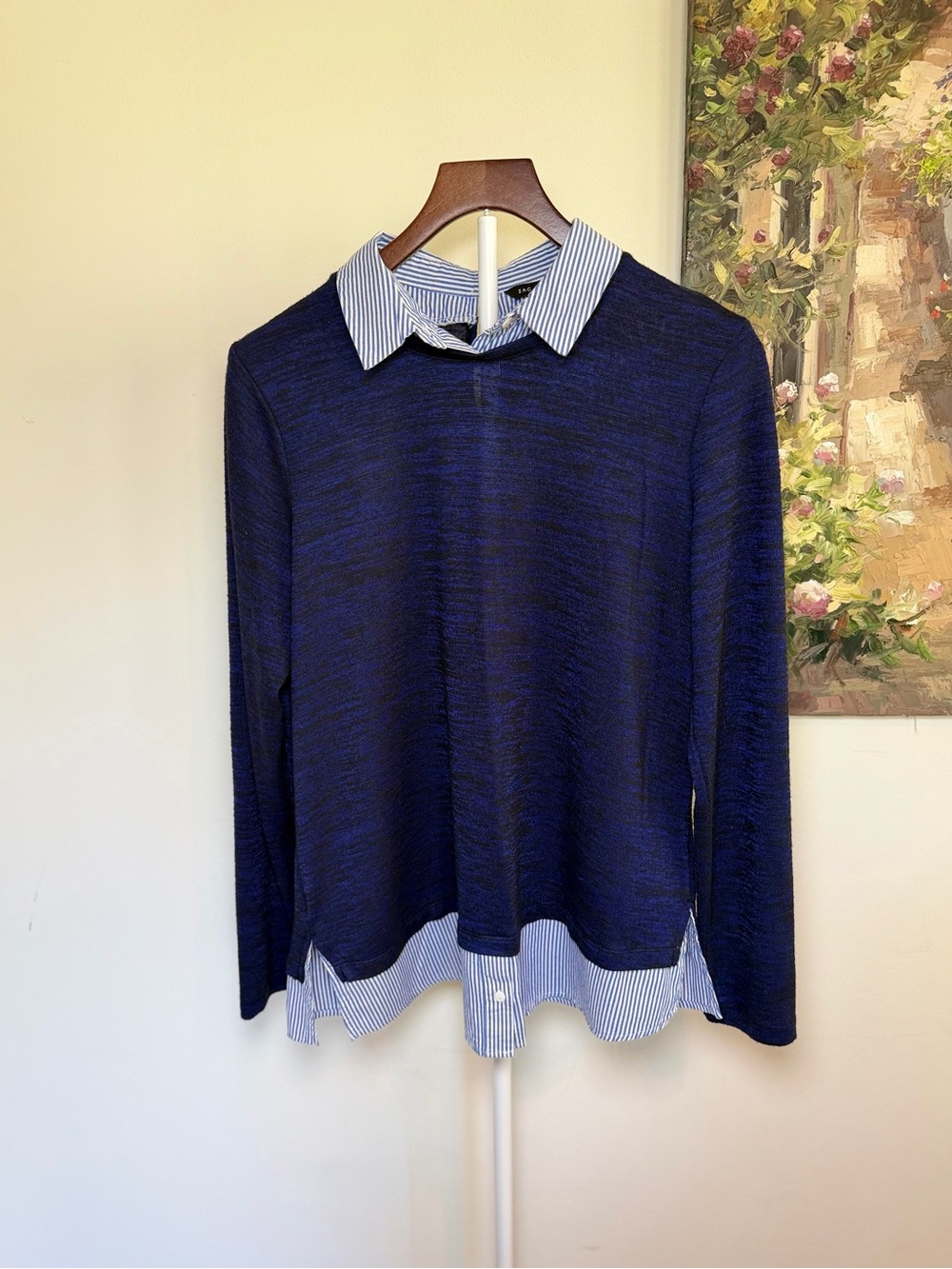 Zac & Rachel Navy Blue 2-in-1 Faux Layered Sweater – Striped Collar – Medium